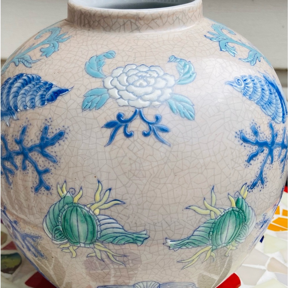 Gorgeous Old Vase-Asian Style, Globe Shaped, Pastel Blues, Green, Peach, Yellow - Picture 9 of 16